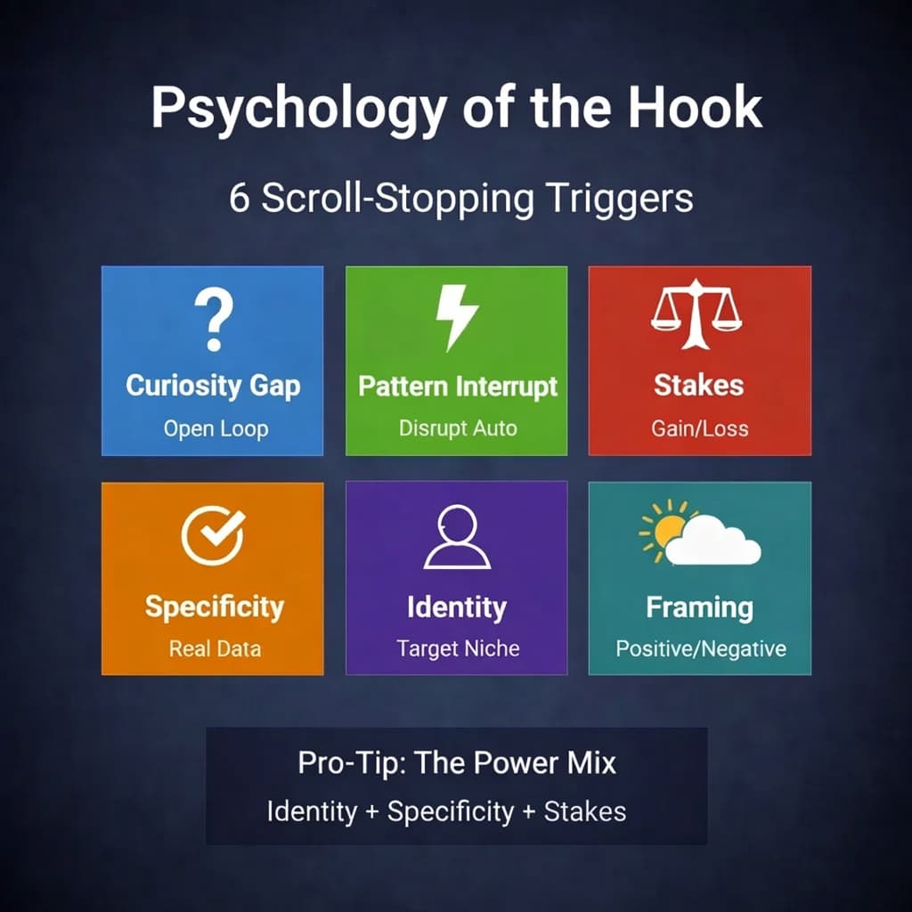 Attention triggers in the first seconds of video: curiosity gap, stakes, pattern-interrupt, specificity, identity cues.